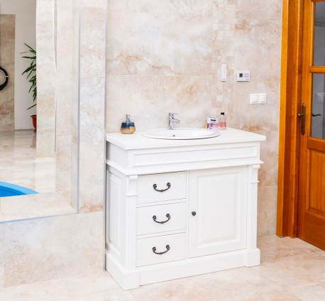 Dulap baie ornamentat pentru lavoar cu 3 sertare si 1 usa - lavoarul nu este inclus in pret de la Rustic Butique PS543 - Culoare_P039 - VOPSIT