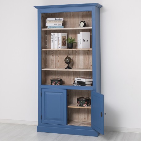 Biblioteca cu 2 usi, culoare exterior albastru P045, culoare interior maro deschis P071, dublu color, 100% lemn masiv